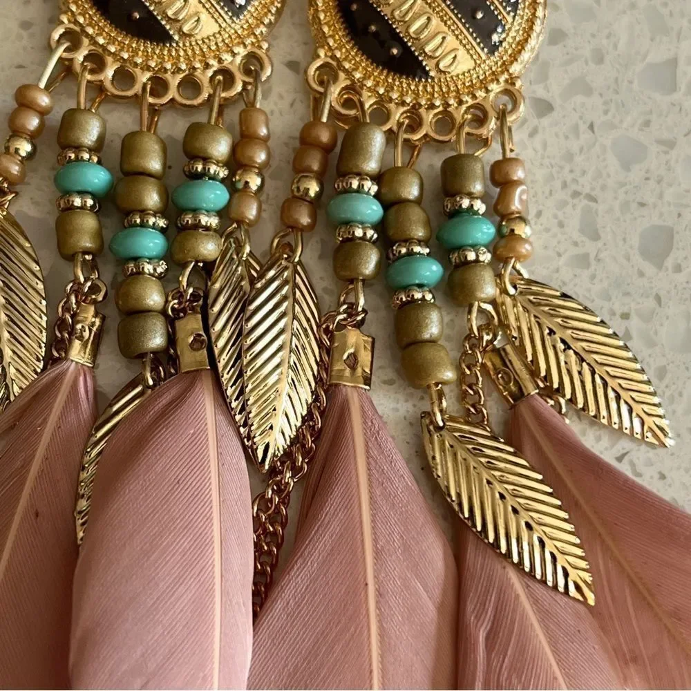 Vintage Style Feather Tassel Earrings‎ with Stainless Steel studs